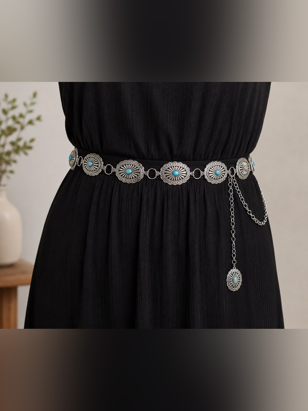 Vintage Style Western Concho Chain Belt Silver Tone Turquoise 118cm - Picture 4 of 4